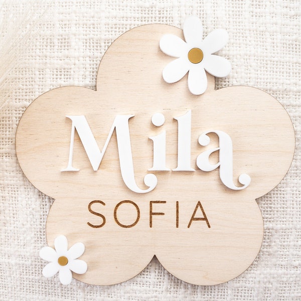 Personalized 3D baby name announcement sign | Custom name wooden daisy flower sign | Boho decor | Baby photo prop