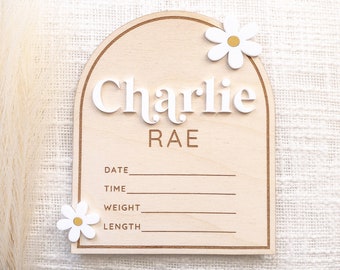 Personalized 3D baby name announcement birth stat hospital sign | Custom name arch wooden daisy flower sign | Milestone photo prop