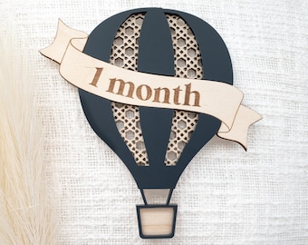 Wooden 3D hot air balloon monthly milestone sign | Interchangeable custom milestone card | Baby photo props | Boho rattan decor