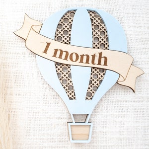 Wooden 3D hot air balloon monthly milestone sign Interchangeable custom milestone card Baby photo props Boho rattan decor image 5