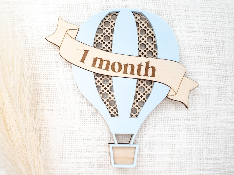 Wooden 3D hot air balloon monthly milestone sign Interchangeable custom milestone card Baby photo props Boho rattan decor image 5