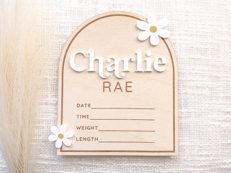 Personalized 3D baby name announcement birth stat hospital sign Custom name arch wooden daisy flower sign Milestone photo prop image 1