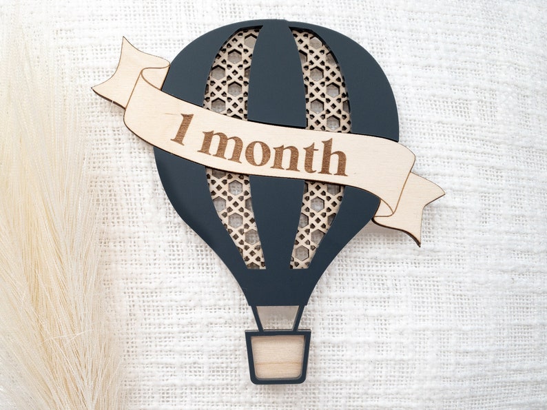 Wooden 3D hot air balloon monthly milestone sign Interchangeable custom milestone card Baby photo props Boho rattan decor image 1