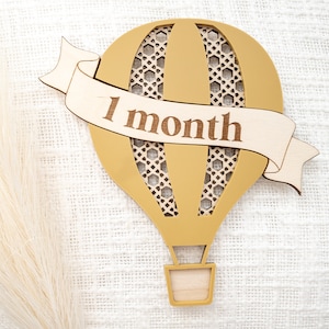 Wooden 3D hot air balloon monthly milestone sign Interchangeable custom milestone card Baby photo props Boho rattan decor image 4