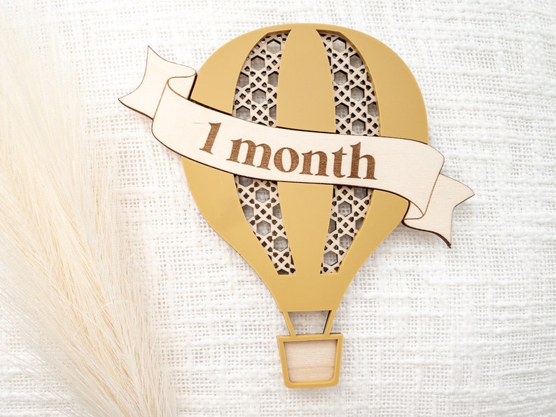 Wooden 3D hot air balloon monthly milestone sign Interchangeable custom milestone card Baby photo props Boho rattan decor image 4