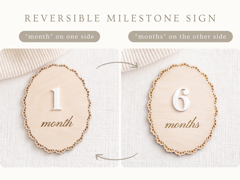 May include: Reversible milestone sign with the text "month" on one side and "months" on the other. The sign is made of light wood and features a decorative scalloped edge. One side shows the number 1, the other shows the number 6.