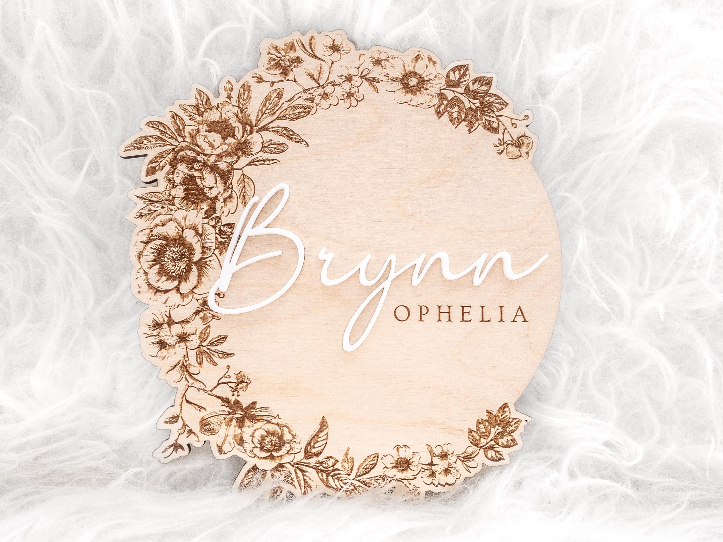 Floral baby name announcement sign with birth stats | newborn name plate for hospital | birth stat wood round | baby girl name plaque