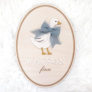 Goose bow baby name announcement sign | custom newborn name plate | personalized birth announcement for hospital | ribbon lace wood sign