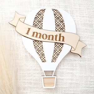 Wooden 3D hot air balloon monthly milestone sign Interchangeable custom milestone card Baby photo props Boho rattan decor image 3