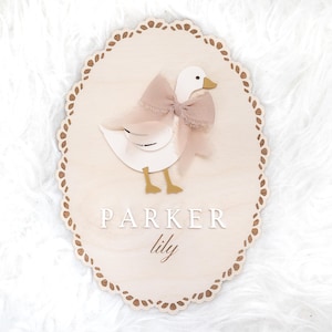 Goose bow baby name announcement sign | custom newborn name plate | personalized birth announcement for hospital | ribbon lace wood sign