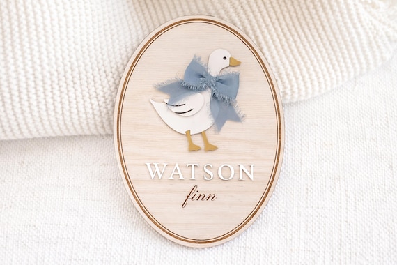 Goose baby name announcement sign | custom newborn name plate | personalized birth announcement for hospital | ribbon bow lace wood plaque