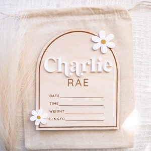 Personalized 3D baby name announcement birth stat hospital sign Custom name arch wooden daisy flower sign Milestone photo prop image 2