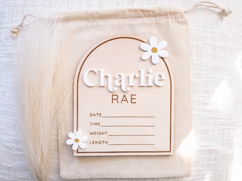 Personalized 3D baby name announcement birth stat hospital sign Custom name arch wooden daisy flower sign Milestone photo prop image 2