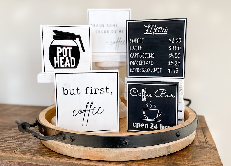 Coffee bar wood signs for tiered tray | coffee lover gift | housewarming coffee gift | but first coffee | pour some sugar on me | pot head 