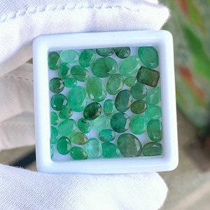 Puede incluir: Una colección de piedras preciosas de esmeralda en varias formas y tamaños, exhibidas en una bandeja cuadrada blanca. Las piedras preciosas varían en tonos de verde y están facetadas.