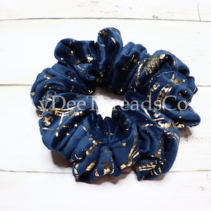 Astrology Constellation Scrunchie - Blue and Gold Plush Medium Thick Hair Tie Accessory with Zodiac Signs