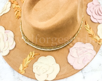 Boho Floral Rancher Hat, Tan Vegan Suede with Hand-Painted Roses, Lace, Wheat Accents,  Unique Sculpted Western Chic Hat