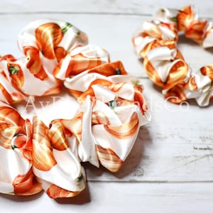 Pumpkin Satin Fall Medium Scrunchie or Mini Scrunchie, Satin Pumpkin Autumn Hair Accessories, Halloween Hair Tie Accessory