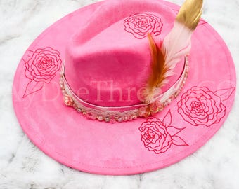 Burned Hot Bright Pink Rose Floral Rancher Hat, Vegan Hot Pink Suede Bold Floral Boho Hat with Burned Roses and Rose Beading