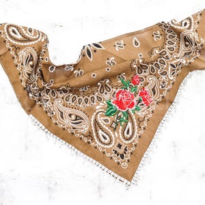 Brown Rose Embroidered Paisley Bandana with Rhinestone Fringe Stylish Western Accessories, Country Outfit Accessory, Rhinestone Fringe Scarf