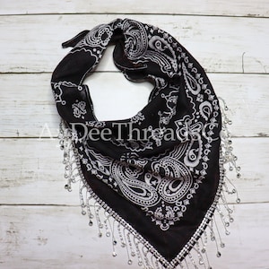Black Paisley Bandana with Rhinestone Fringe – Western Neck Tie, Bling Bandana, Country Outfit Accessory, Rhinestone Fringe Scarf