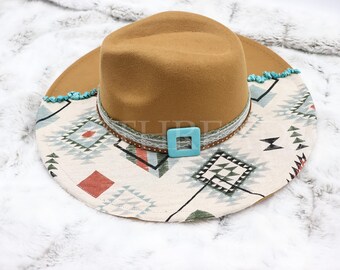 Boho Western Rancher Style Hat with Aztec Print Brim and Turquoise Buckle Women’s Statement Cowboy Hat Southwestern Ranch Style Accessory
