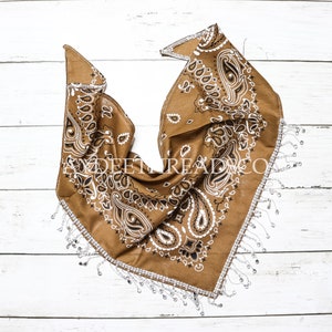 Elegant Tan Brown Paisley Bandana with Rhinestone Fringe - Stylish Western Accessories, Country Outfit Accessory, Rhinestone Fringe Scarf