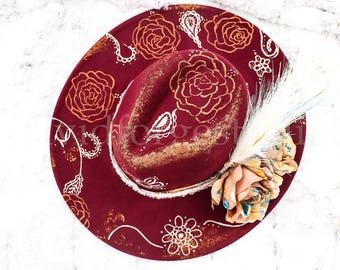 Paisley Rose Hand Painted Burgundy Rancher Hat, Paisley Maroon Boho Hat with Painted Artificial Roses, Lace, and Ribbon