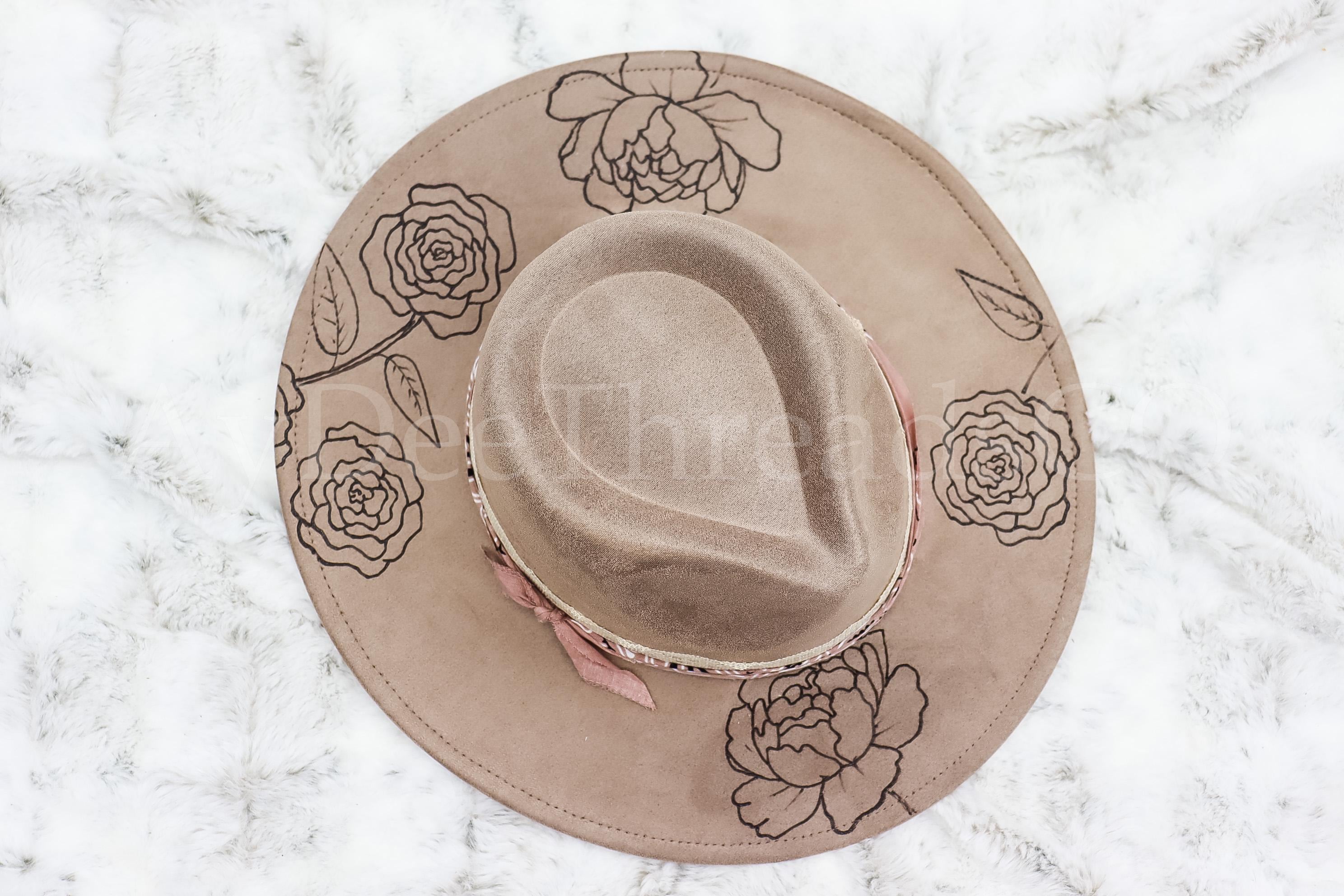 Burned Taupe Rose and Peony Floral Rancher Hat, Vegan Light Brown Suede Classic Floral Boho Hat with Burned Roses and Peony