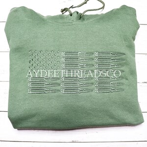 Unisex Military Green Embroidered Hoodie - Military Green Embroidered American Bullet Flag, Gift for Him or Her, Second Amendment Hoodie