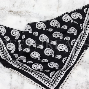 Black Paisley Bandana with Rhinestone Fringe – Western Neck Tie, Bling Bandana, Country Outfit Accessory, Rhinestone Fringe Scarf