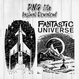 Fantastic Universe Retro Sci-Fi, png PNGEgg | Pulpruimteschip jaren 50 | Vintage ruimteavontuur | Digitaal kunstbestand ruimtevlucht