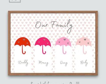 Custom Family Portrait for Valentines Day, Personalized Family Art Print, Poster with Hearts and Rain,Umbrellas, Valentines Gift for Mom,Dad