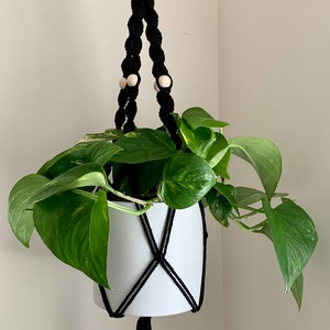 Black Macrame Plant Hanger: Boho Home Decor, Handmade in Canada