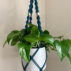 Teal Macrame Plant Hanger: Boho Home Decor, Indoor Hanging Planter