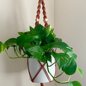 Puede incluir: Un macetero de macramé marrón con cuentas de madera y una maceta de cerámica blanca que contiene una planta verde en maceta.