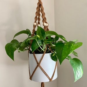 Peut inclure: Un porte-plante en macramé marron avec des perles en bois blanc soutient un pot en céramique blanc avec une plante verte feuillue.