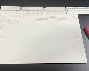 May include: A white tabletop role-playing game (TTRPG) mat with printed sections for player stats and game information. Includes a red and white marker. The mat has a built-in dice tray and space for notes.