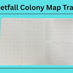 May include: A white Planetfall Colony Map Tracker with a black border, set against a teal background. The tracker features a campaign map grid and tables for encounters and conditions. The text "Planetfall Colony Map Tracker" is at the top.