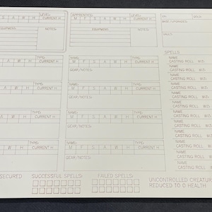 May include: A white character sheet for a tabletop role-playing game. The sheet is filled with boxes and lines for recording game information, including character stats, spells, and notes. The sheet is rectangular with rounded corners.