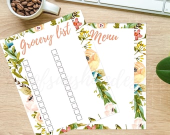 Floral Menu Planner and Grocery List Printable (Digital Download)