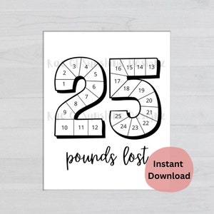 Puede incluir: Un rastreador de pérdida de peso imprimible con una ilustración en blanco y negro del número 25, dividido en 25 secciones, cada una numerada del 1 al 25. El texto "pounds lost" está escrito debajo del número. El texto "Descarga instantánea" está escrito en un círculo rosa en la esquina inferior derecha.