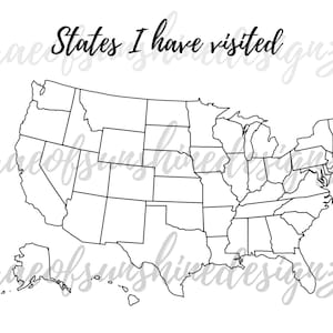 Puede incluir: Un mapa de los Estados Unidos en blanco y negro, dividido en estados. El texto "States I have visited" está escrito en la parte superior del mapa.
