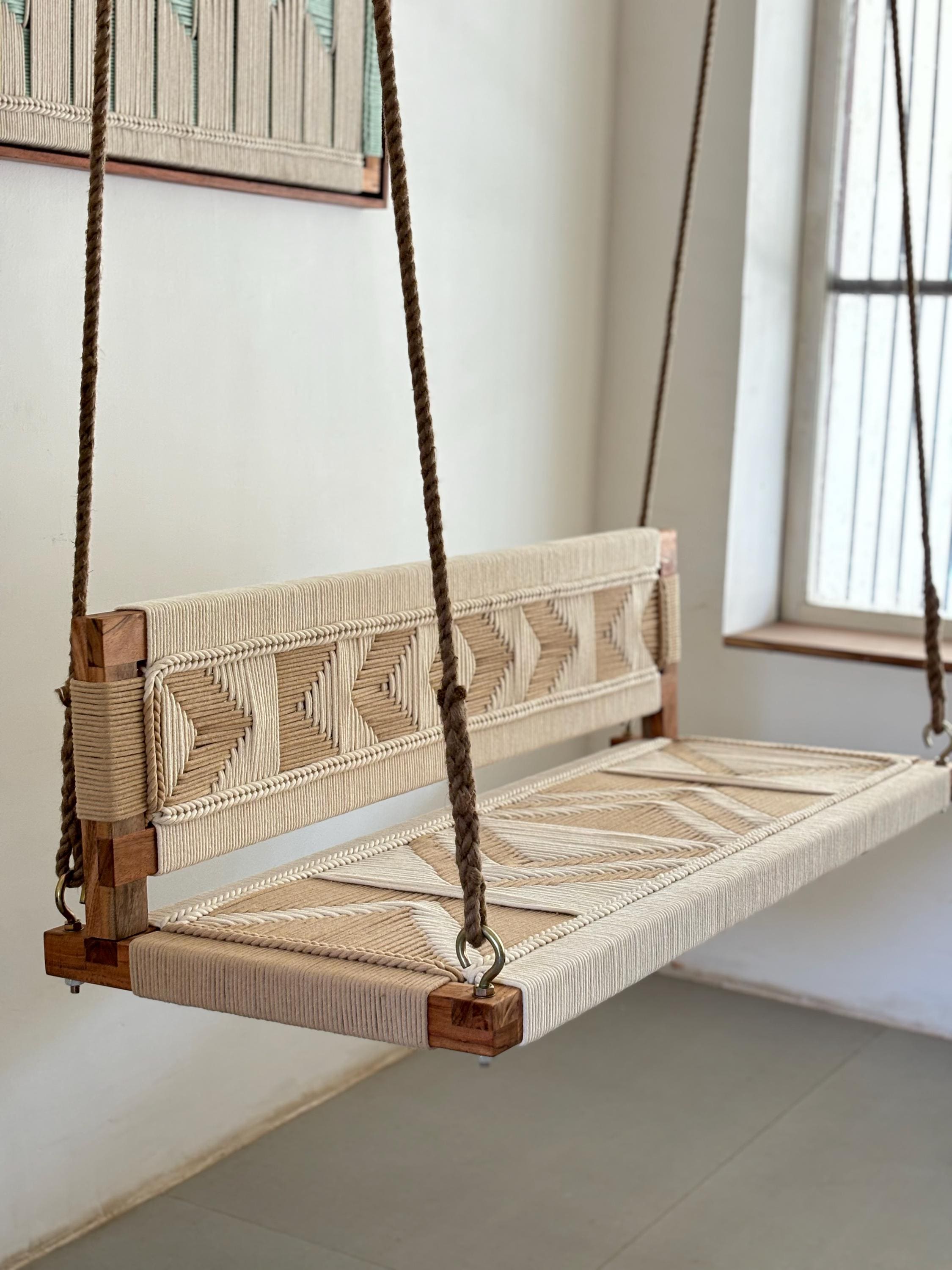 Modern Hand Woven Swing, Boho Wooden Indoor Adults Swing, Tree swing, Lving room Swing, Solid wood and cotton ropes!