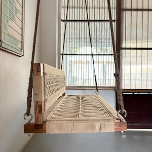 Modern Hand Woven Swing, Boho Wooden Indoor Adults Swing, Tree swing, Lving room Swing, Solid wood and cotton ropes!