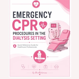 May include: A white and pink informational poster titled EMERGENCY CPR PROCEDURES IN THE DIALYSIS SETTING. It features a dialysis machine, a medical chair, a CPR icon, and smaller medical symbols including a stethoscope and a heart monitor.