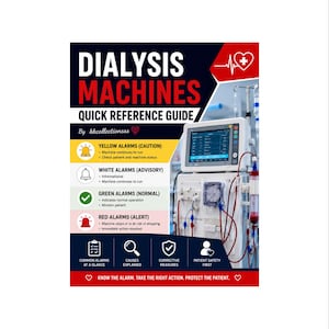 May include: A quick reference guide for dialysis machines. The guide features a red and black design with the title "DIALYSIS MACHINES" and a list of alarm colors and their meanings. A dialysis machine is visible in the background.