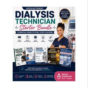 May include: A digital bundle of five educational guides for dialysis technicians, featuring titles like Dialysis Technician Basic Guide, Terminology Course, Dictionary, CCHT Certification Application Guide, and a 150-question study guide.