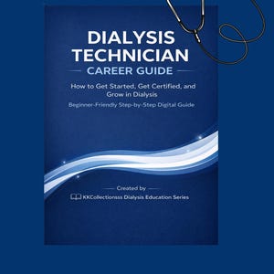 Puede incluir: Una portada de libro azul marino con el título "DIALYSIS TECHNICIAN CAREER GUIDE" en blanco. La portada también incluye el texto "How to Get Started, Get Certified, and Grow in Dialysis." Un estetoscopio está en la esquina superior derecha.
