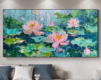 Pink Lotus Pond Floral Oil Painting, Heavy Impasto Botanical Wall Art, Textured Water Lily On Canvas, Abstract Green Nature Room Home Decor